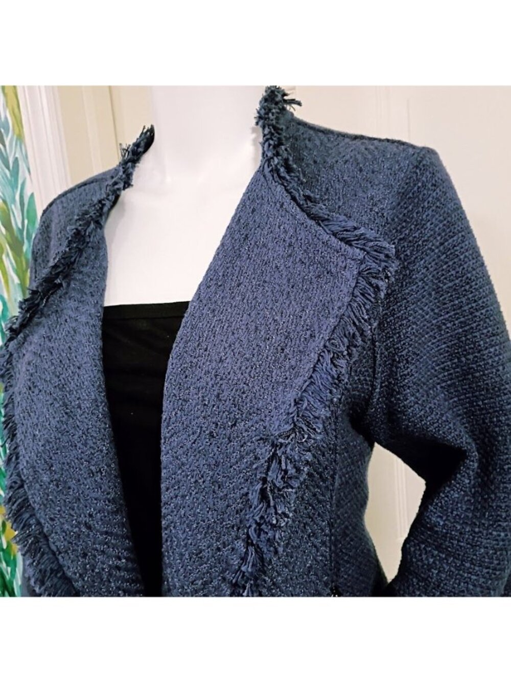 Nic + Zoe Fringe Knit Jacket L Blue Open Front Fringe Boho Cardigan - Picture 8 of 12